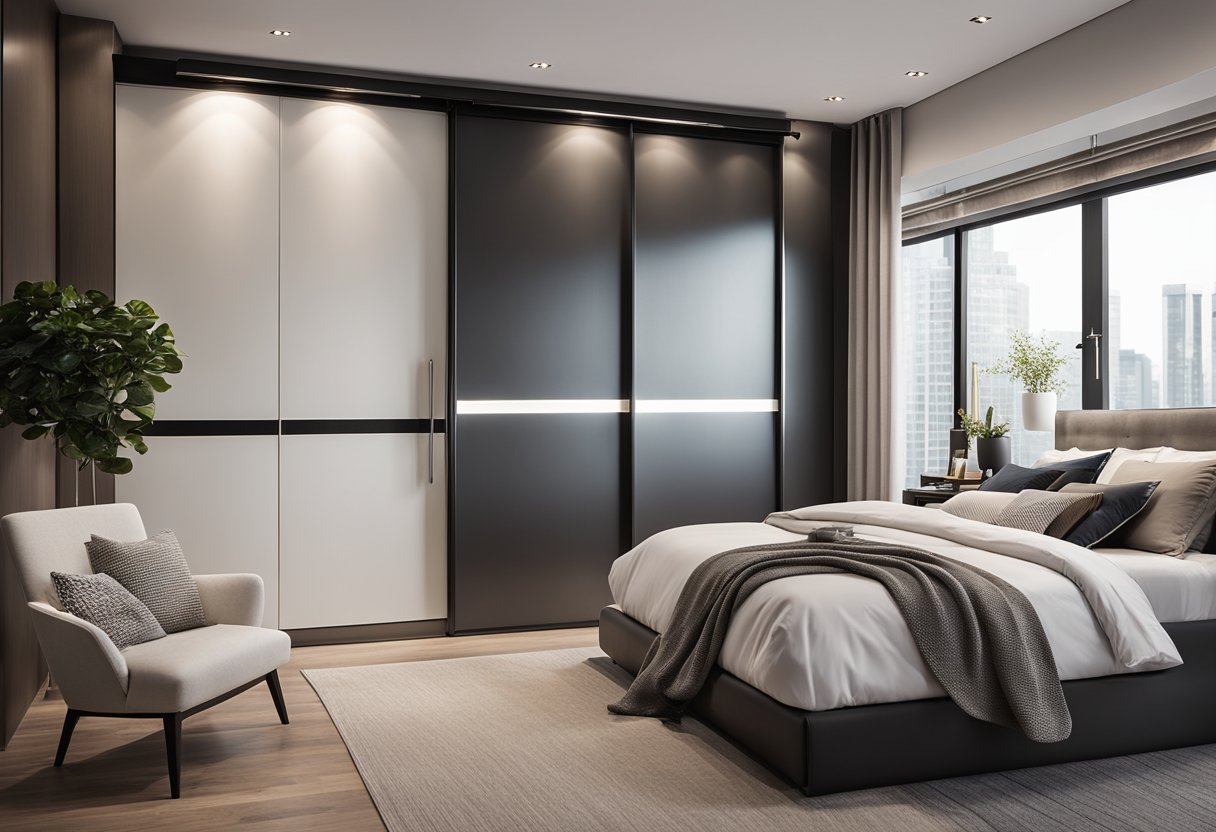 A modern bedroom with sleek, built-in wardrobes, featuring sliding doors and integrated lighting