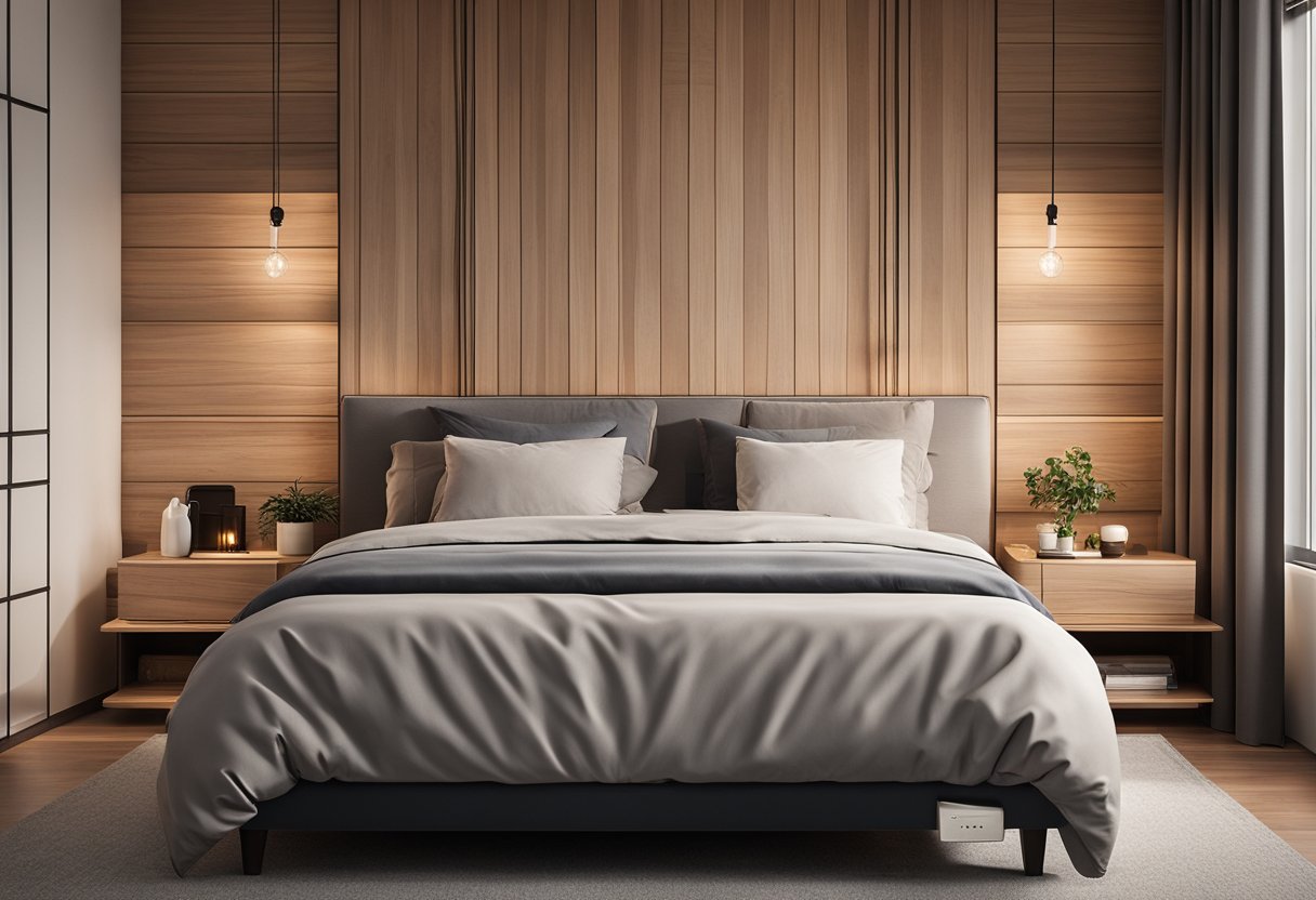 A cozy bedroom with wooden wall panels, soft lighting, and a comfortable bed. A modern, minimalist design with a touch of warmth and elegance