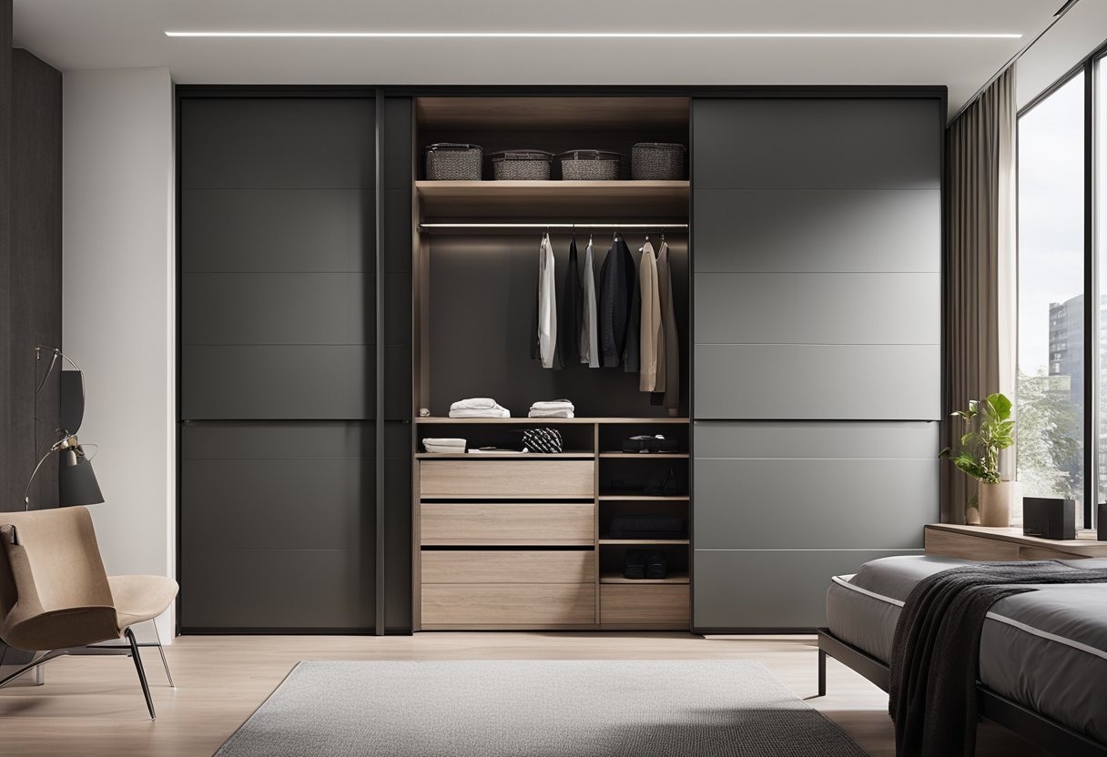 A sleek, modern wardrobe with sliding doors and built-in storage shelves, maximizing space and style in a minimalist bedroom