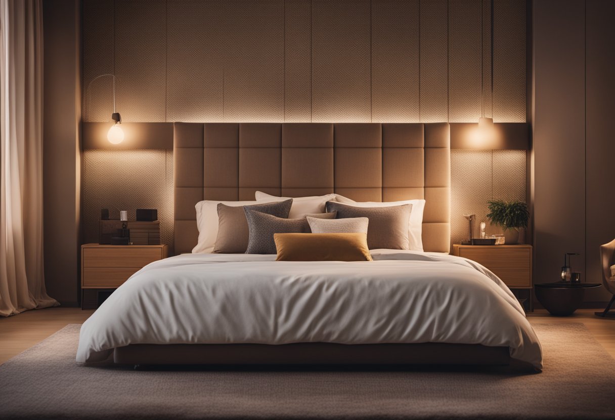 A softly lit bedroom with warm, earthy tones. A plush bed with fluffy pillows and a soft throw blanket. Cozy rugs on the floor and warm lighting from bedside lamps