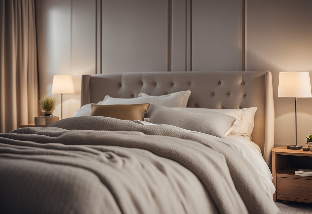 A cozy small bedroom with soft, neutral tones, plush bedding, and elegant decor. A comfortable armchair sits in the corner next to a small side table with a warm reading lamp