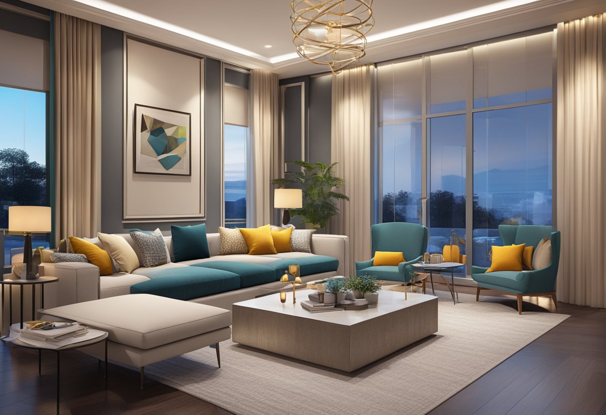 A luxurious living room with modern furniture, elegant lighting, and vibrant color accents. A cozy reading nook and a stylish entertainment area complete the inviting space
