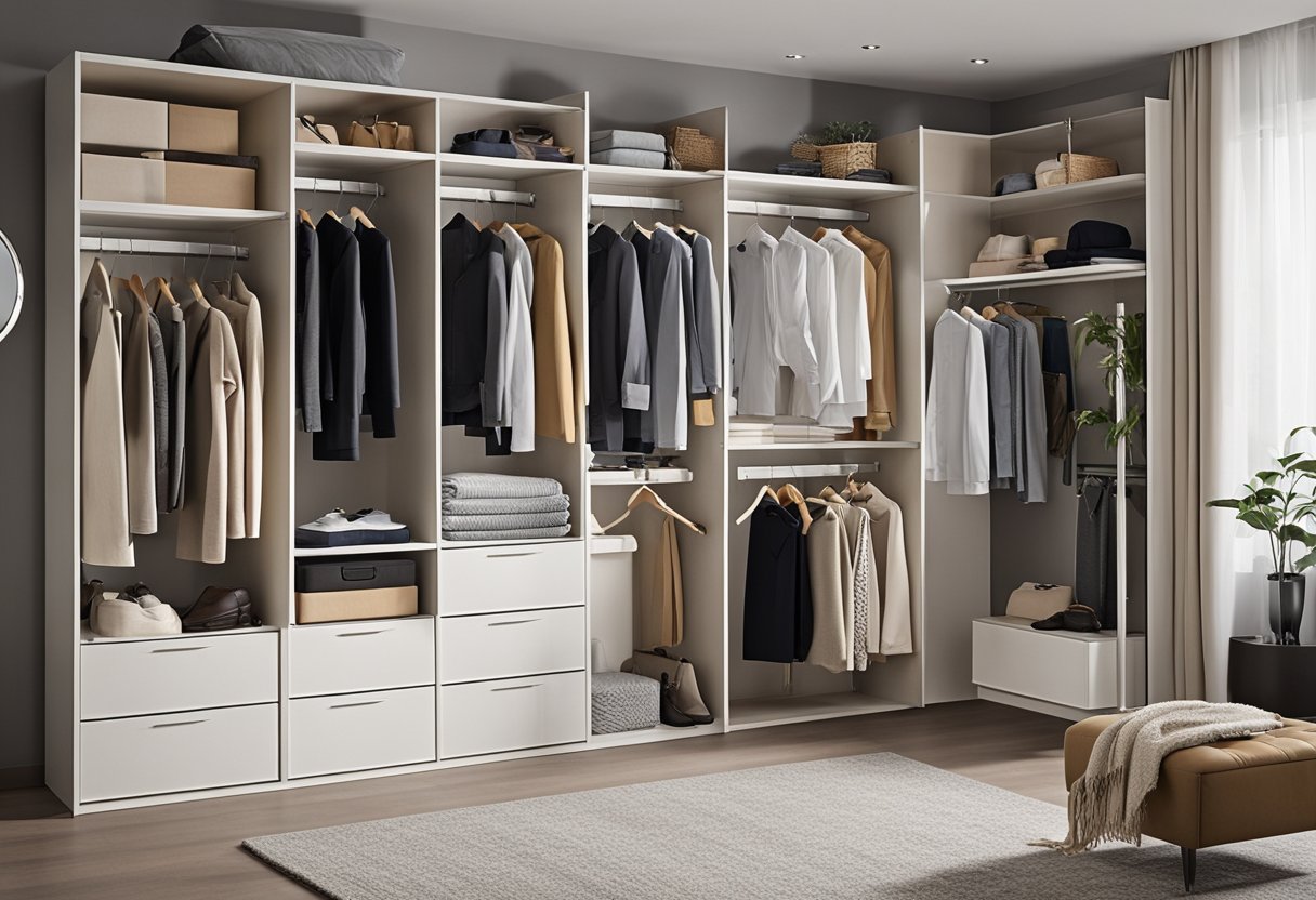 A neatly organized bedroom wardrobe with various compartments and shelves, displaying a selection of clothes and accessories