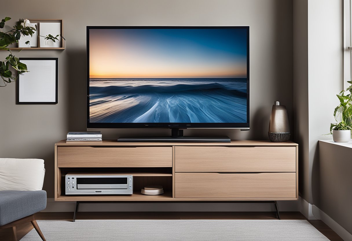 A sleek, modern TV console sits against a bedroom wall, with clean lines and a minimalist design. The console features open shelving and a built-in cable management system