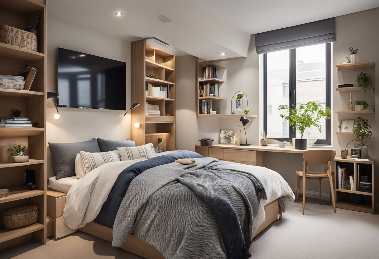A cozy small bedroom with efficient storage, a fold-down desk, and a wall-mounted TV. The room is well-lit with natural light and features a neutral color palette