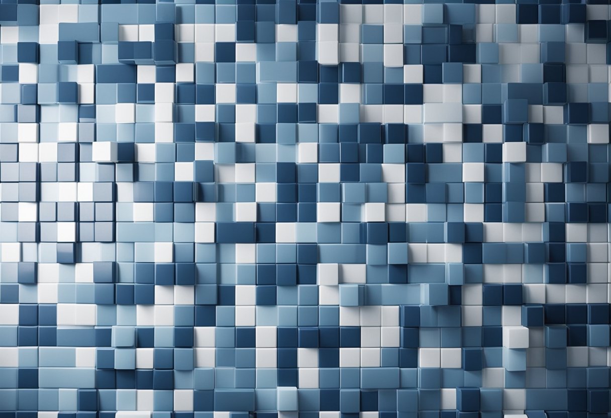 The bedroom wall tiles feature a geometric pattern in shades of blue and white, creating a modern and soothing atmosphere