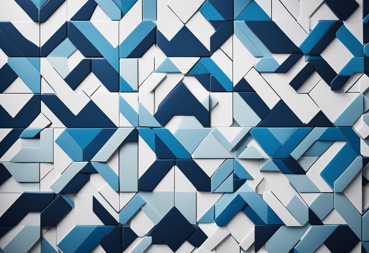A bedroom wall adorned with geometric patterned tiles in shades of blue and white, creating a modern and stylish design