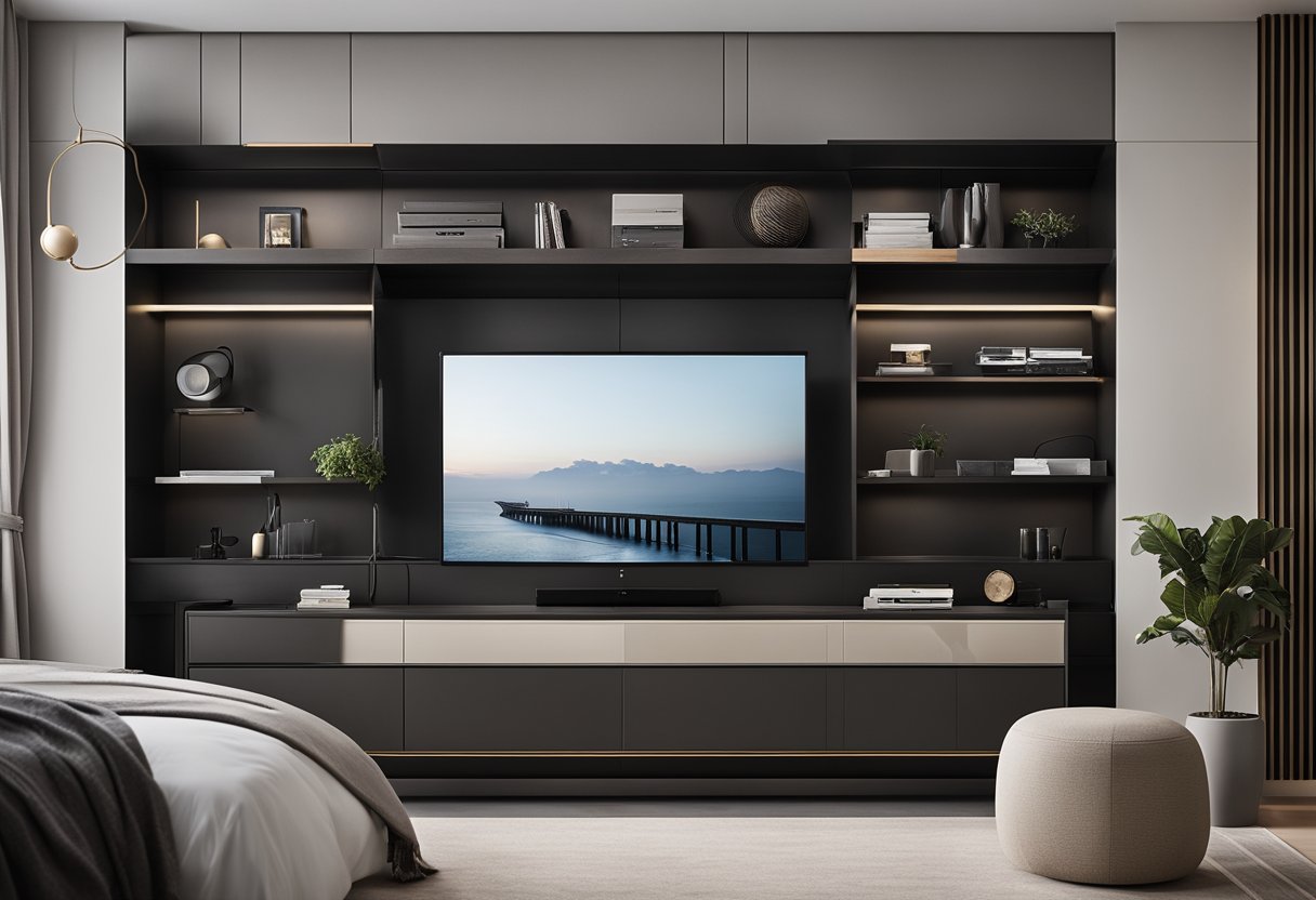 A sleek TV console sits against the bedroom wall, with open shelves for media devices and closed storage for DVDs and remotes. The design is modern and minimalist, with clean lines and a neutral color palette