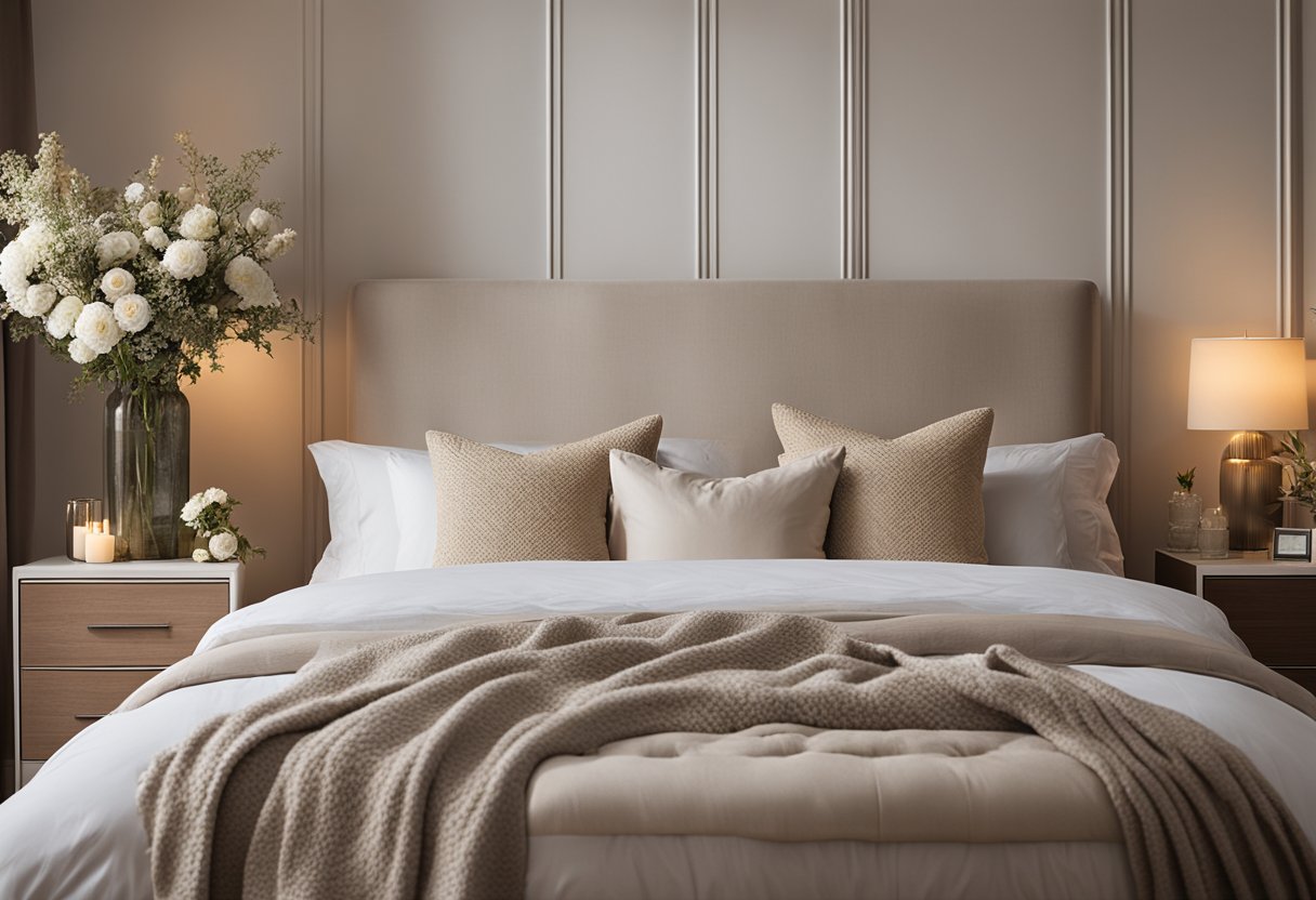 A cozy bedroom with a king-sized bed, soft, neutral-colored bedding, and warm lighting. A large, framed mirror hangs on one wall, and a vase of fresh flowers sits on the dresser
