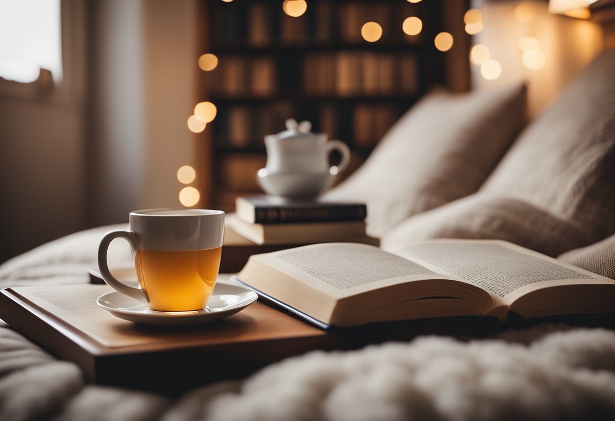 A warmly lit bedroom with soft, fluffy bedding, a plush rug, and cozy throw pillows. A bookshelf filled with books and a warm cup of tea on a bedside table complete the scene