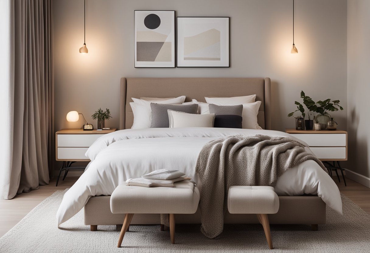 A cozy bedroom with a neutral color palette, minimal furniture, and soft lighting. A comfortable bed with clean linens, a small nightstand with a lamp, and a simple rug on the floor