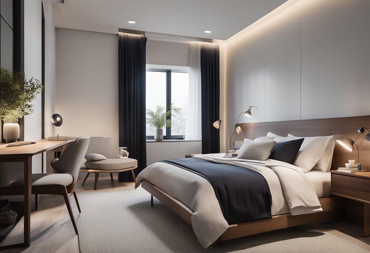 A small modern bedroom with clean lines, minimal furniture, and neutral colors. A platform bed with crisp white bedding, a sleek desk with a chair, and a small nightstand with a lamp