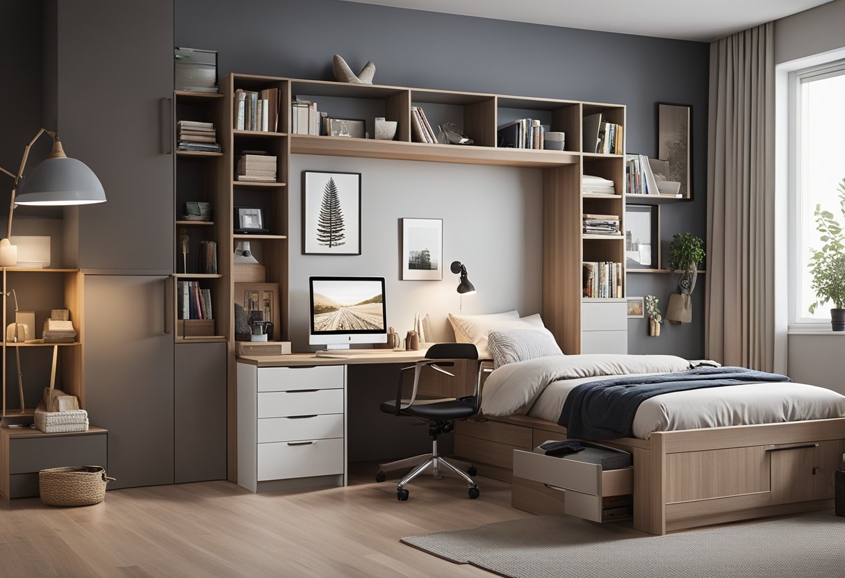 A clutter-free bedroom with smart storage solutions, a cozy reading nook, and versatile furniture for multi-functional use
