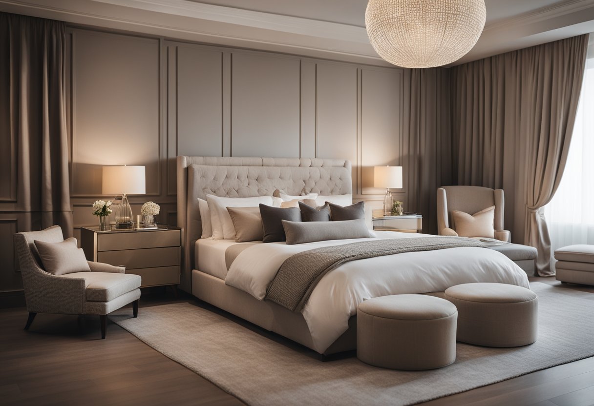 A spacious bedroom with a cozy, yet sophisticated atmosphere. A neutral color palette with pops of romantic hues. Luxurious bedding, elegant furniture, and soft, ambient lighting create a serene and inviting space for couples