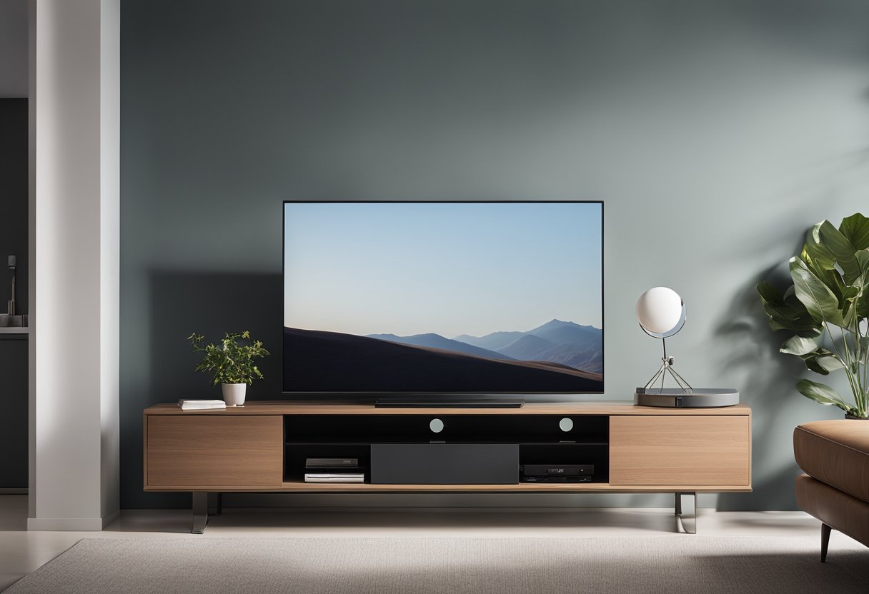 A sleek, modern TV console sits against a bedroom wall, with clean lines and minimalistic design. It features open shelving for media devices and closed storage for clutter-free organization