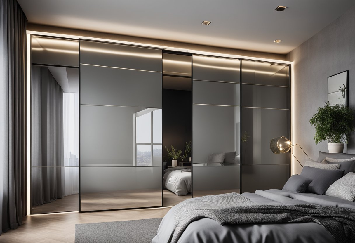 A sleek, modern sliding door wardrobe fills the bedroom corner, with mirrored panels reflecting the room's decor