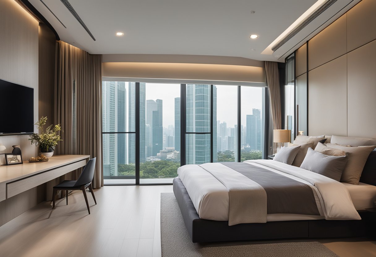 A spacious master bedroom in a modern Singapore condo, featuring a sleek, minimalist design with a large, comfortable bed, floor-to-ceiling windows, and a neutral color palette