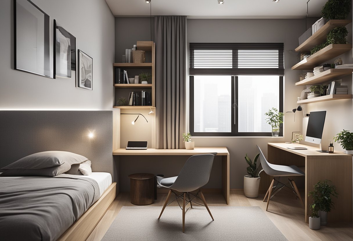 A small bedroom with minimalistic furniture and built-in storage, utilizing wall space and light colors for a spacious, modern feel