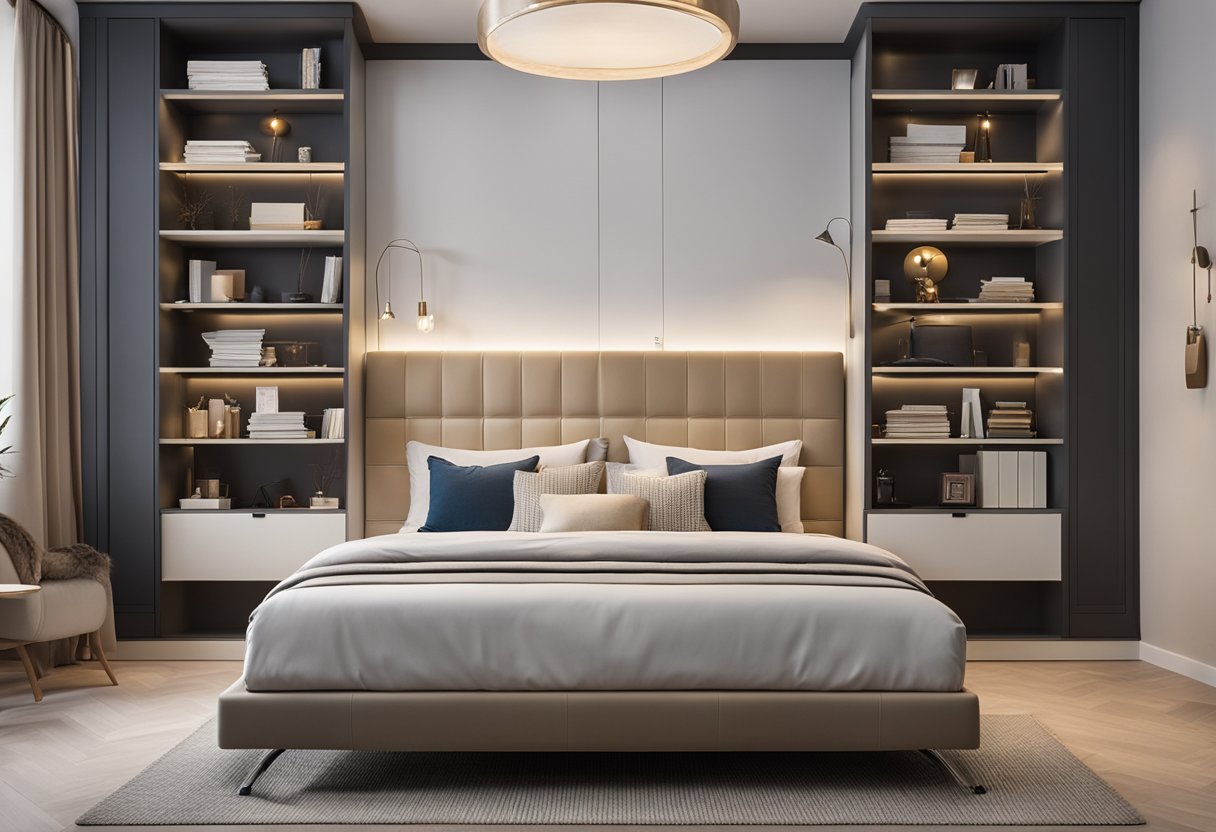 A king size bed sits against the wall, flanked by built-in shelves and storage solutions. The room is carefully organized to maximize space and comfort, with soft lighting and cozy textiles