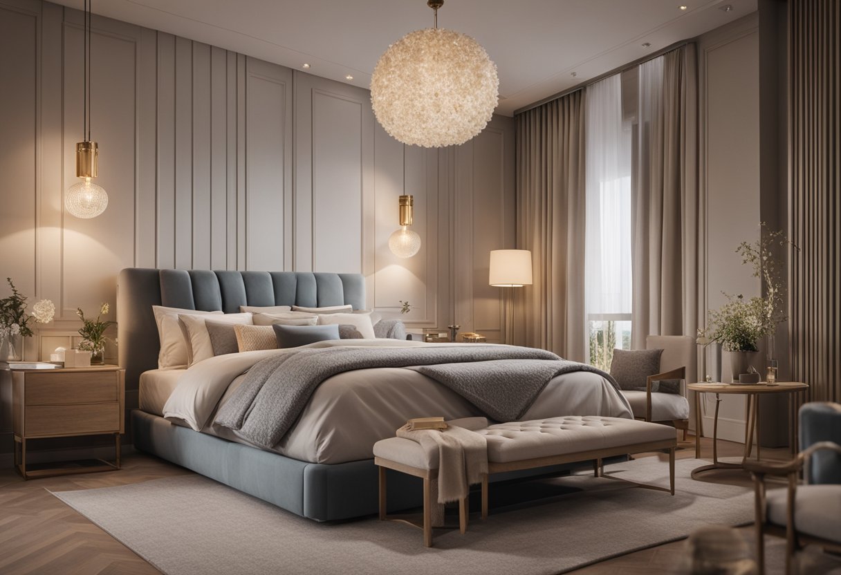 A cozy bedroom with a large, comfortable bed, soft lighting, and elegant decor. A mix of modern and romantic elements, with neutral colors and a touch of luxury