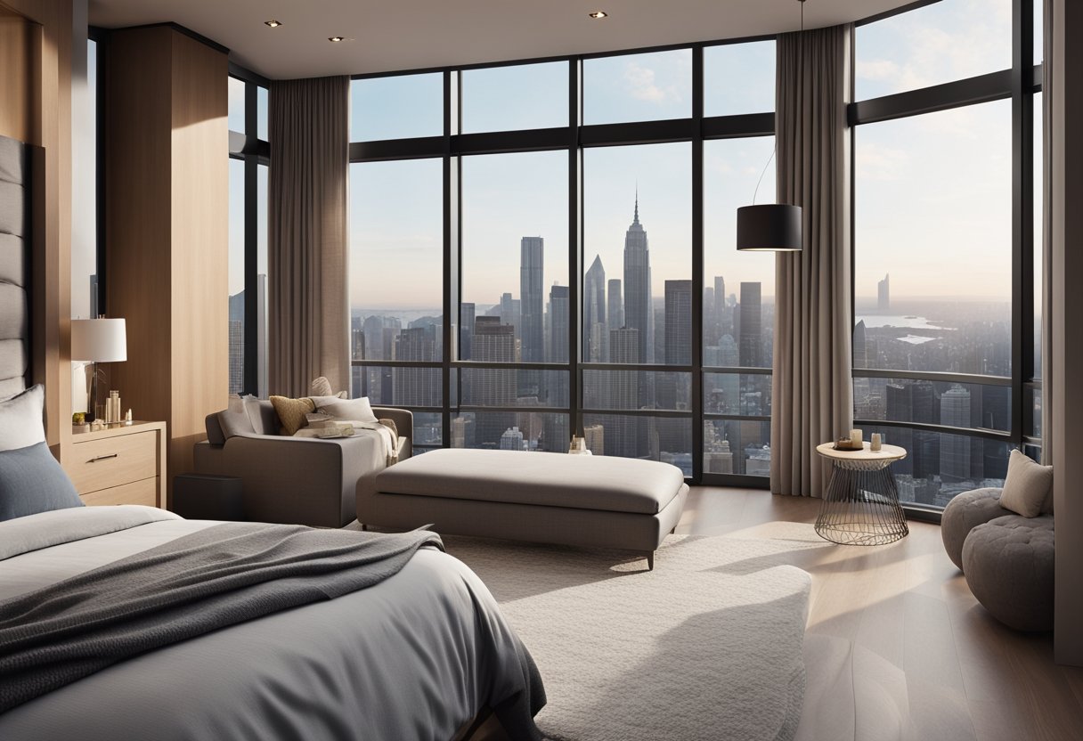 A spacious master bedroom with a luxurious king-sized bed, floor-to-ceiling windows overlooking the city skyline, a cozy reading nook, and a sleek, modern ensuite bathroom