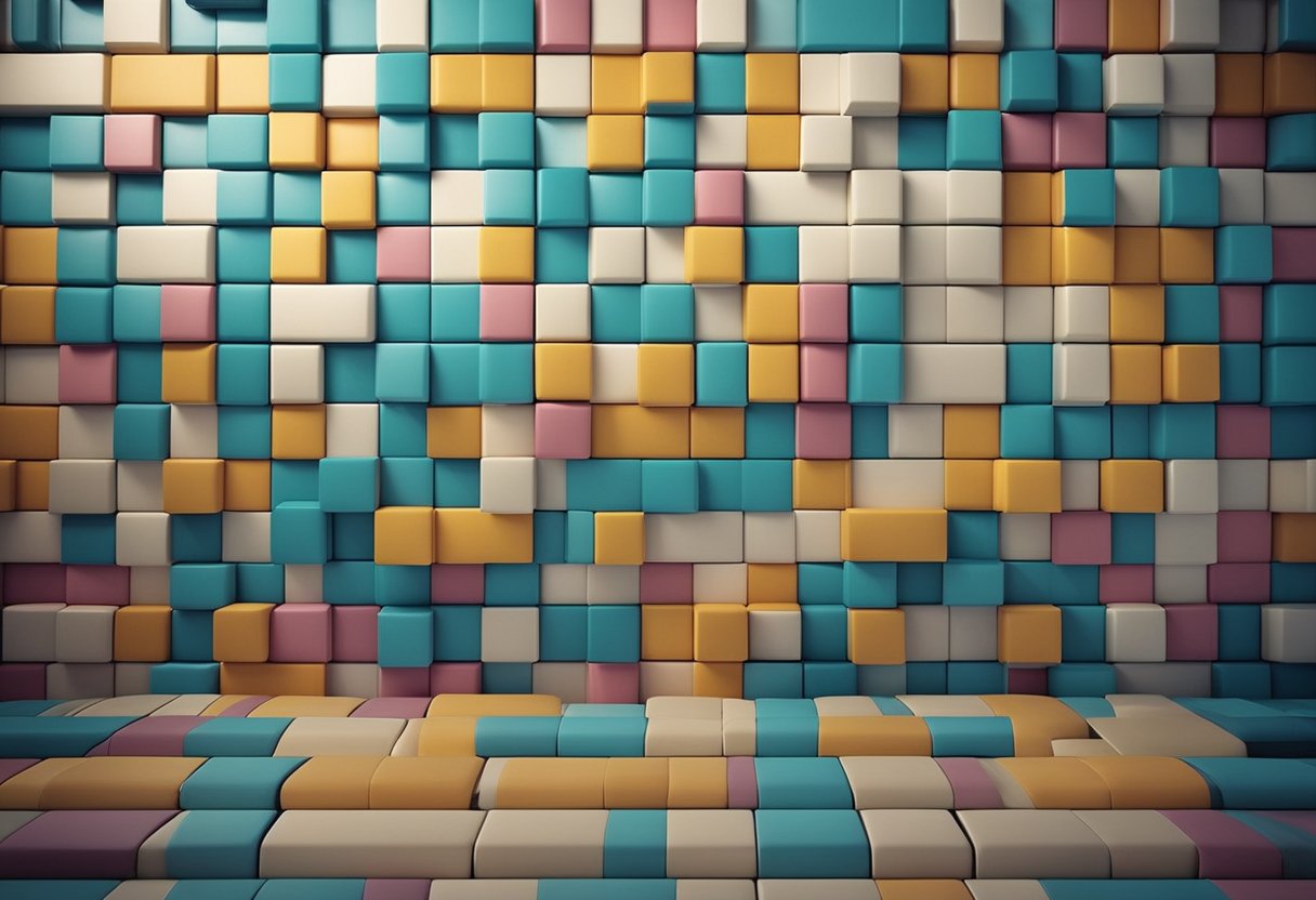A bedroom wall with colorful tiles arranged in a geometric pattern, creating a visually appealing and modern design
