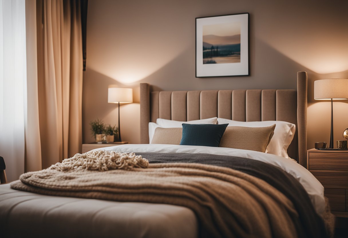The small bedroom is bathed in warm, soft lighting, with a cozy colour palette of earthy tones. A king-size bed sits as the focal point, adorned with plush pillows and a textured throw