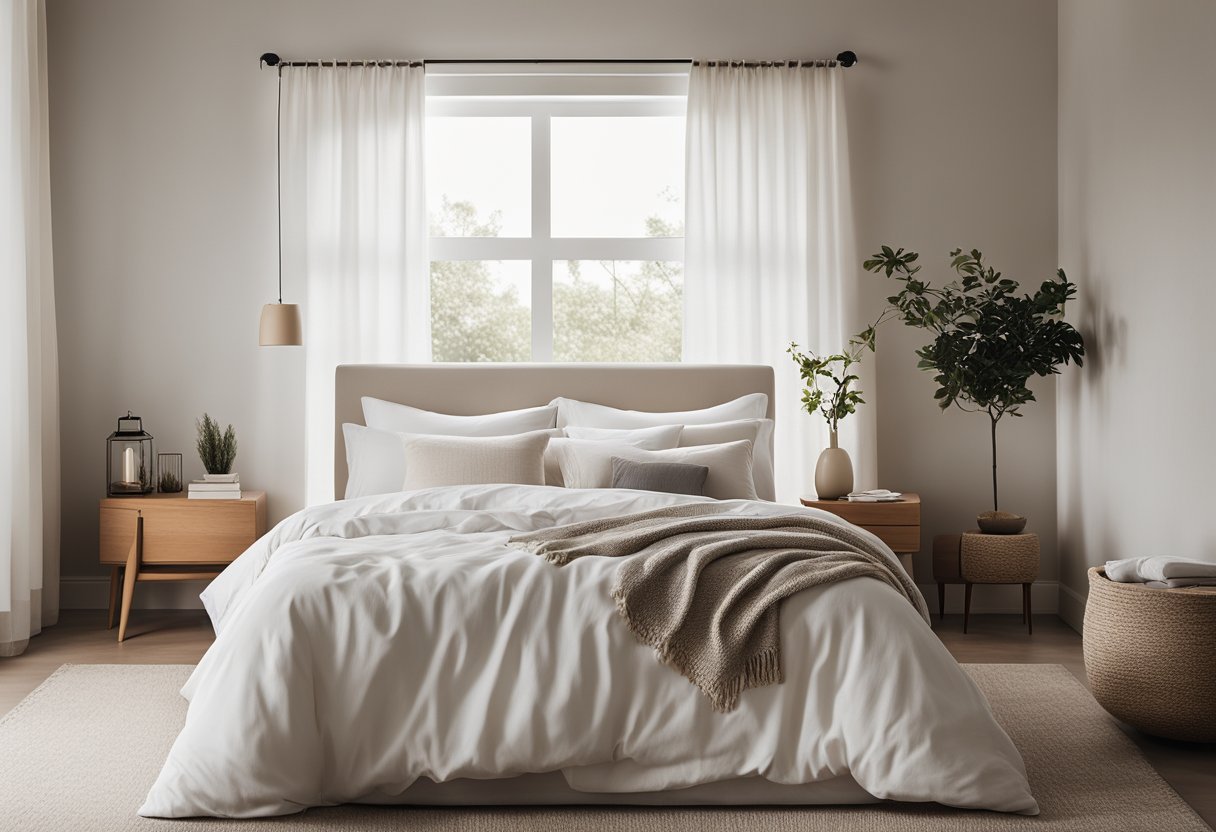 A cozy bedroom with a minimalist design, featuring a neutral color palette, a comfortable bed with crisp white linens, a sleek nightstand with a lamp, and a large window letting in natural light