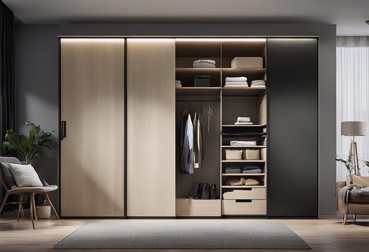 A bedroom with a sleek, modern sliding door wardrobe, featuring various styles and designs, creating a stylish and functional storage solution