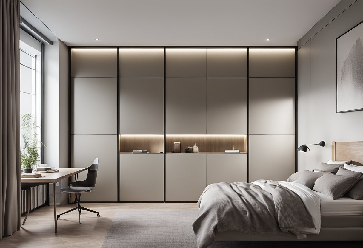 A small bedroom with a sleek, wall-mounted wardrobe system. Sliding doors and built-in storage maximize space. Neutral colors and minimalistic design create a modern, functional look