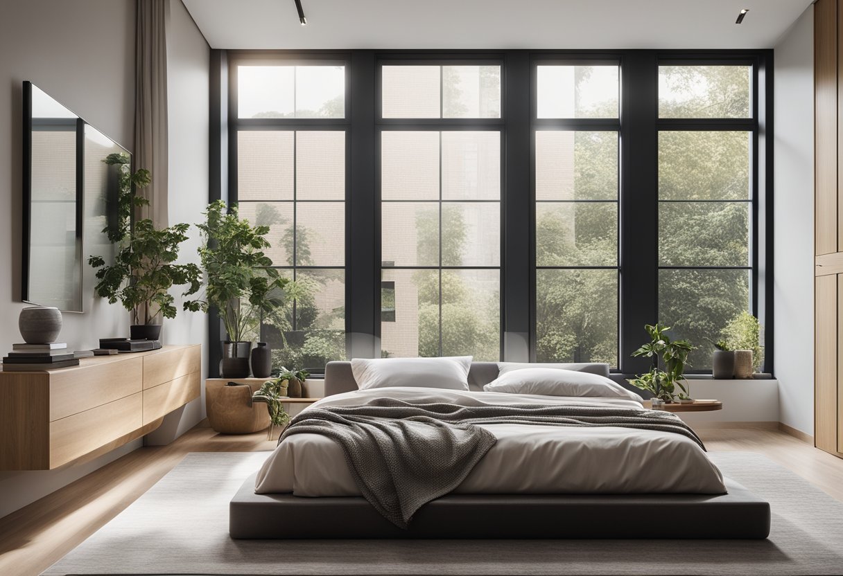 A minimalist bedroom with clean lines, neutral colors, and a sleek platform bed. A large window lets in natural light, illuminating the space