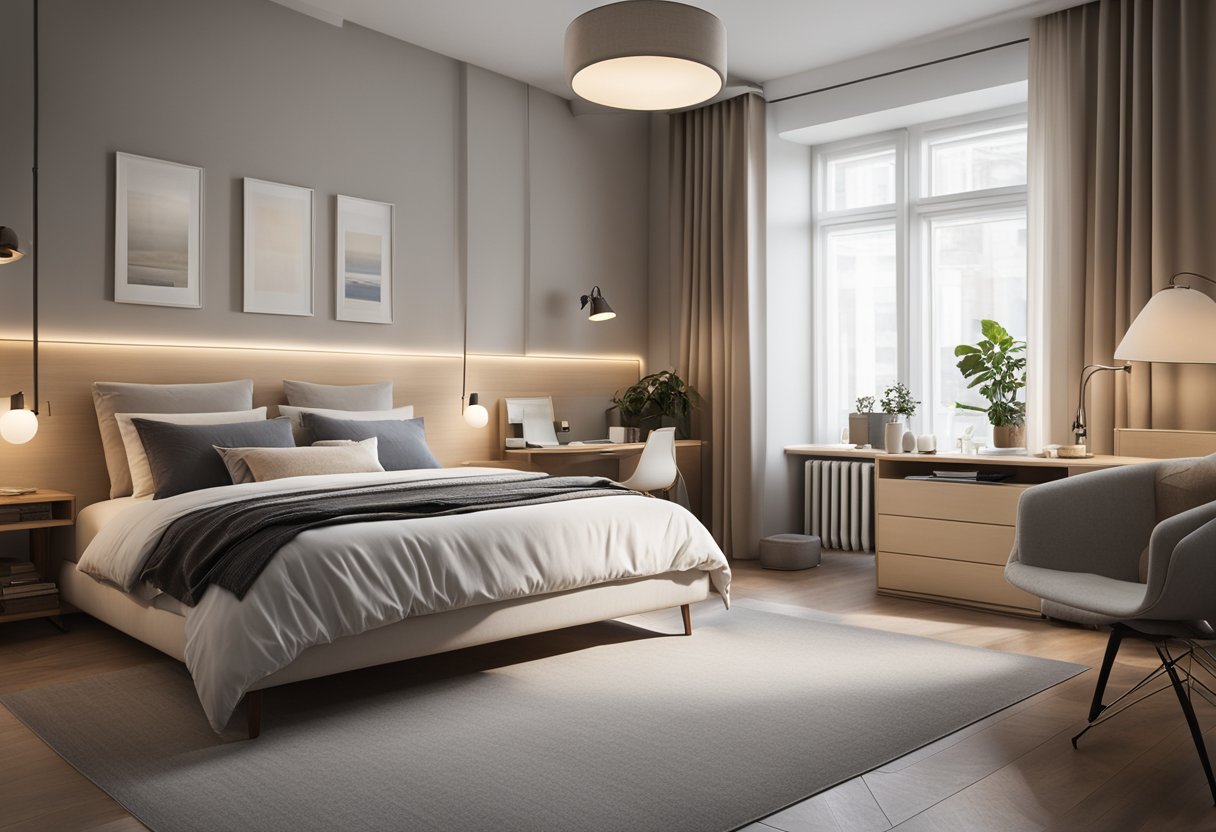 A cozy bedroom with a king-size bed, space-saving furniture, and clever storage solutions. Soft lighting and neutral colors create a relaxing atmosphere
