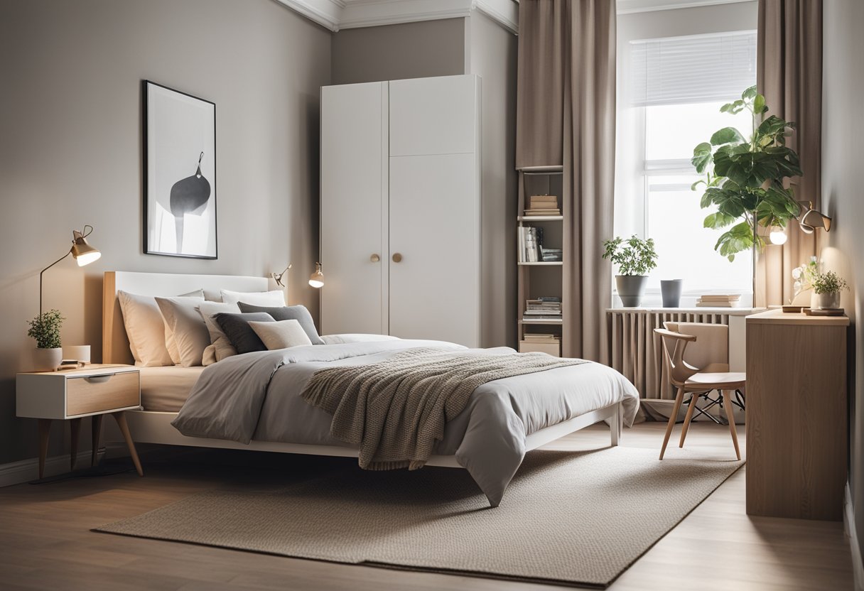 A cozy, minimalist bedroom with clean lines, neutral colors, and space-saving furniture. A small desk, a bed with storage underneath, and simple decor