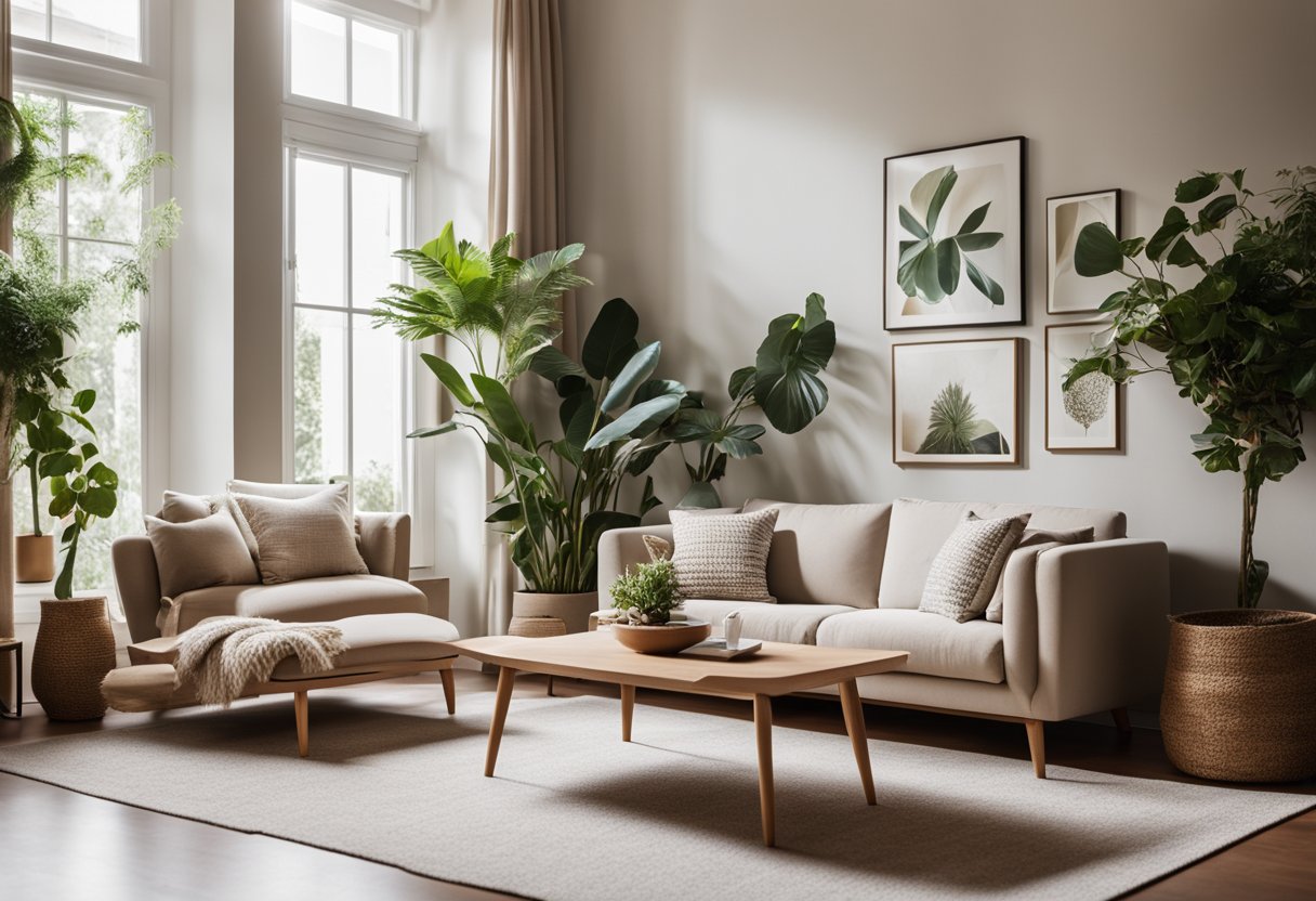 A cozy small living room with a neutral color palette, a comfortable sofa, a coffee table, and a stylish rug. The room is well-lit with natural light from a large window and adorned with decorative plants and artwork