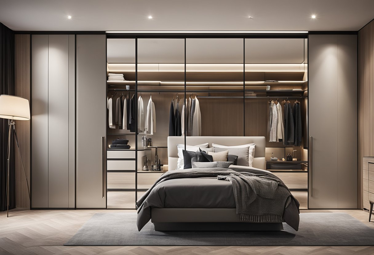 A small bedroom with built-in wardrobes, sliding doors, and modern finishes. The design includes sleek handles, mirrored panels, and integrated lighting for a stylish and functional space