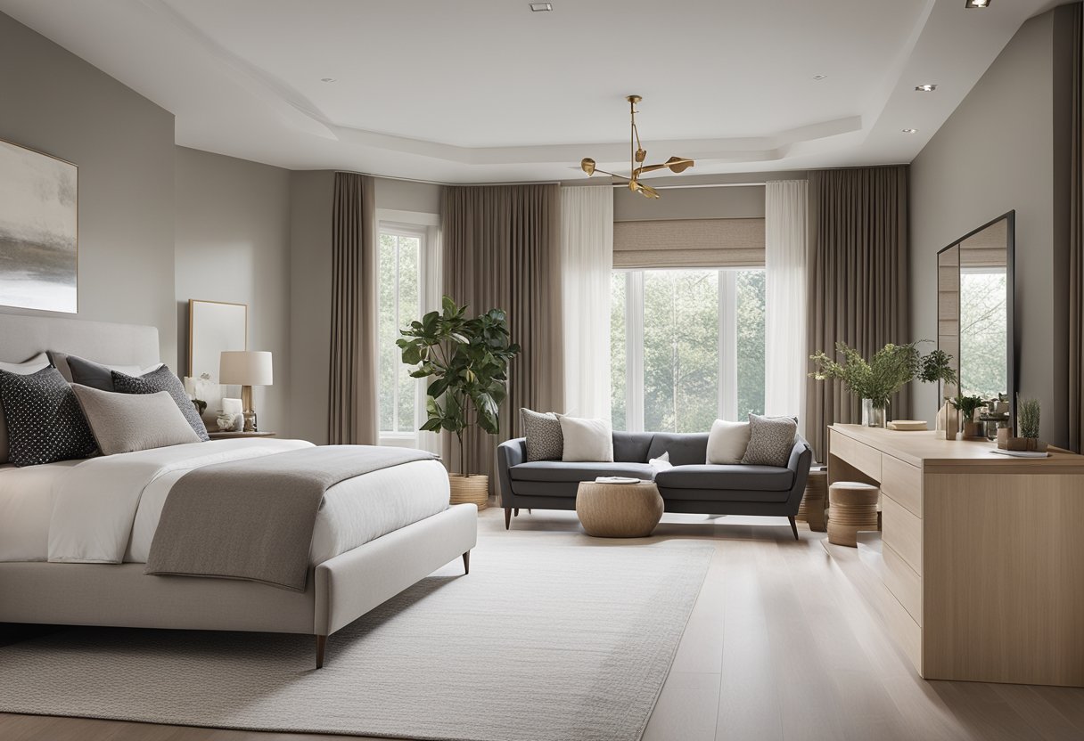 A modern, minimalist master bedroom with sleek furniture, neutral colors, and ample natural light. A cozy reading nook and a spacious walk-in closet complete the elegant design