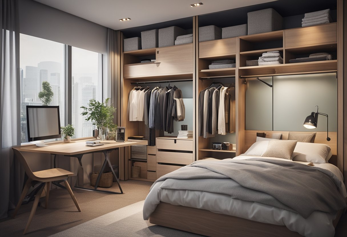 A small bedroom with organized wardrobe compartments and space-saving designs