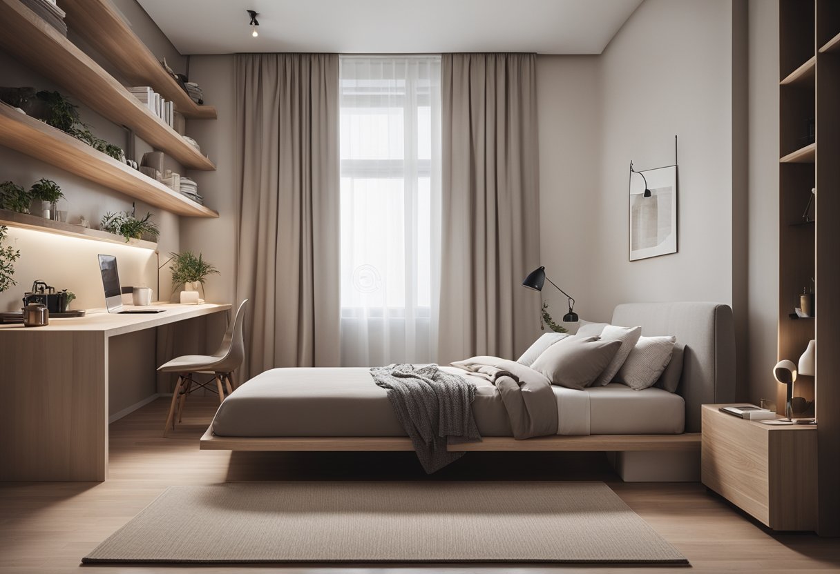 A cozy single bedroom with a minimalist design, featuring a sleek platform bed, floating shelves, and a neutral color palette