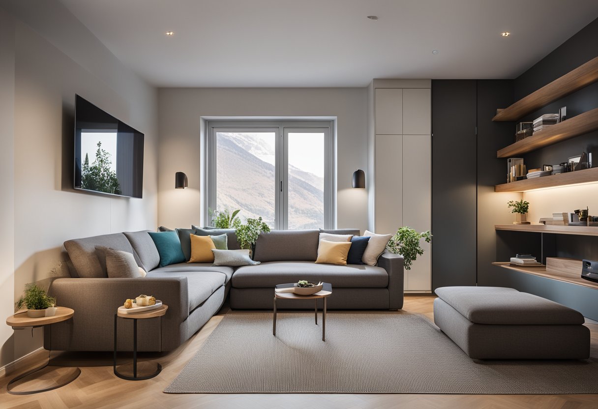 A small living room with smart furniture choices, like a fold-out sofa bed and wall-mounted shelves, maximizes space. A compact coffee table and multi-functional ottoman complete the cozy, functional design