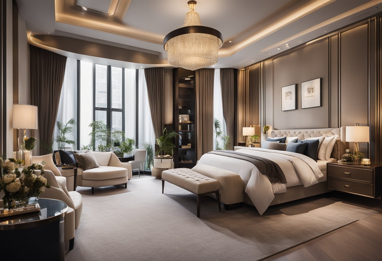 A luxurious bedroom with custom furniture, elegant decor, and soft lighting