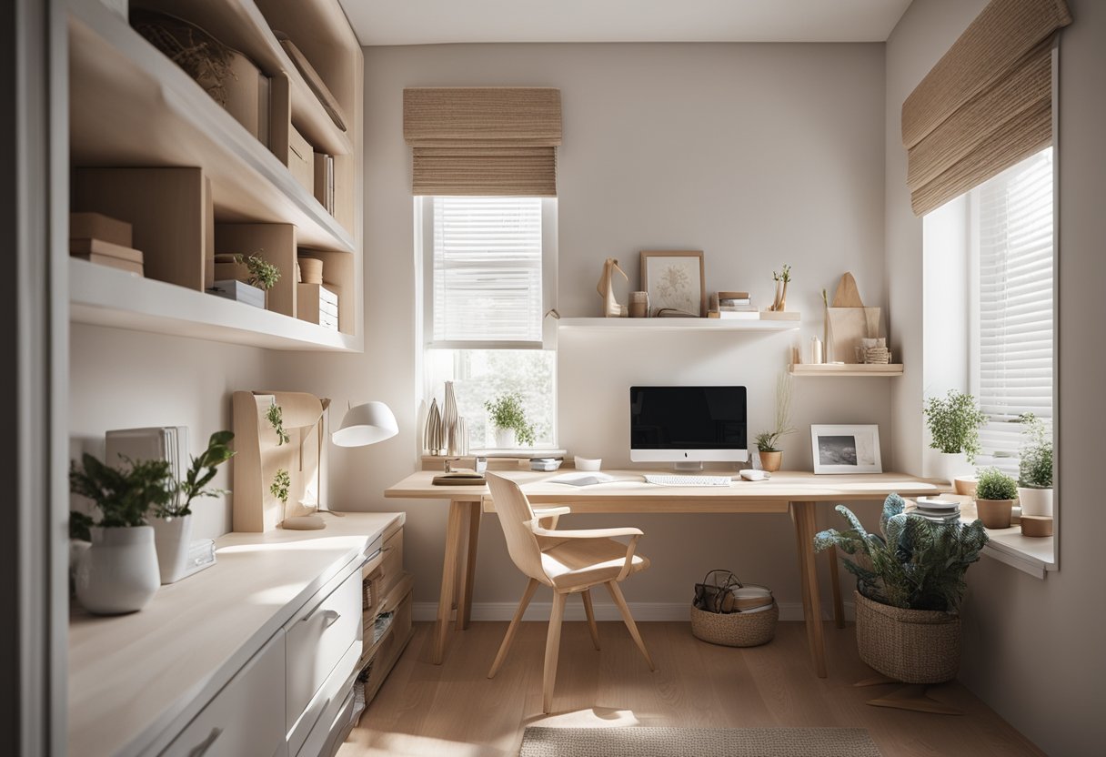 A cozy, clutter-free bedroom with space-saving furniture, neutral colors, and clever storage solutions. A small desk and chair are tucked into a corner, and a large window lets in natural light