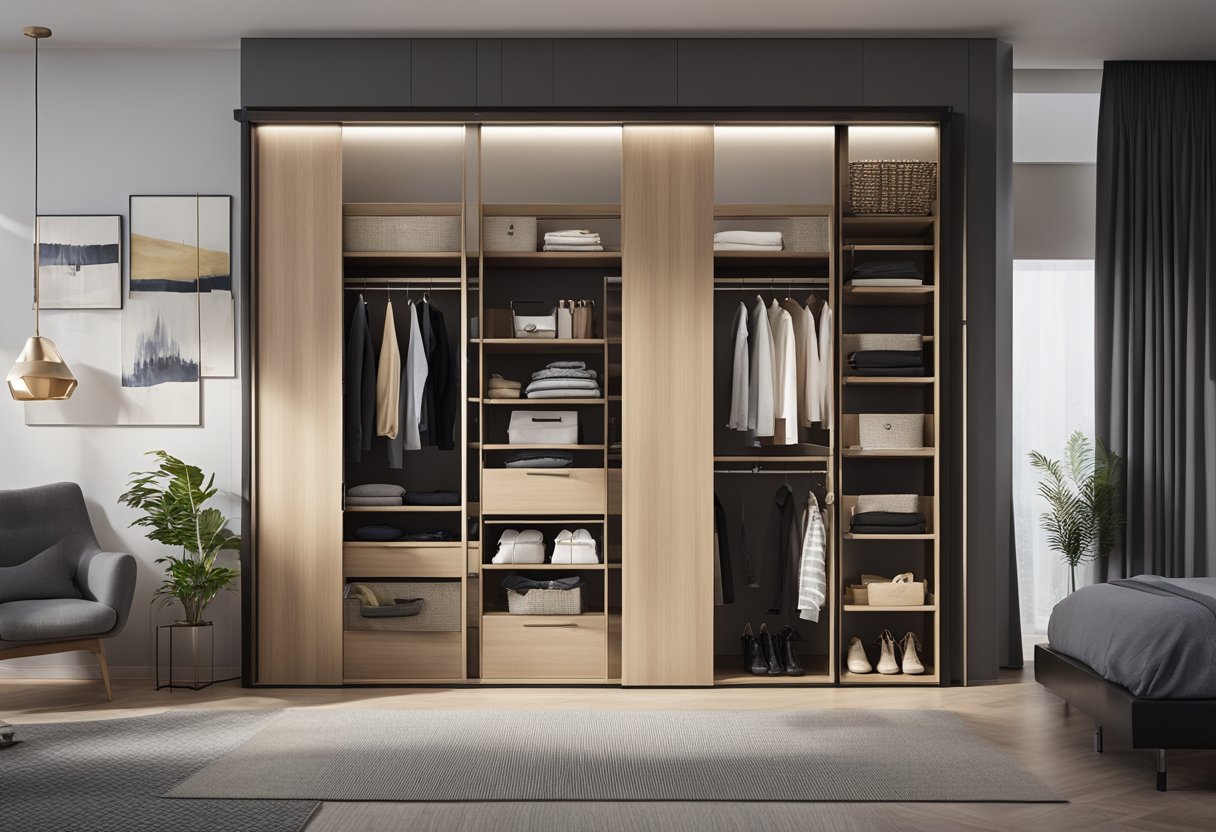 A sleek, modern sliding door wardrobe fills a cozy bedroom, with various compartments and shelves neatly organized for easy access
