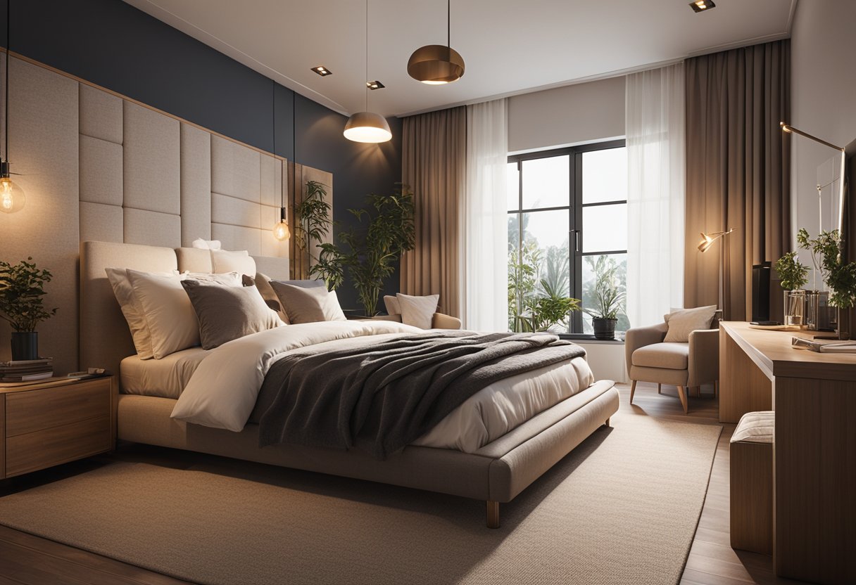A cozy bedroom with custom-made furniture and soft lighting, creating a warm and inviting atmosphere