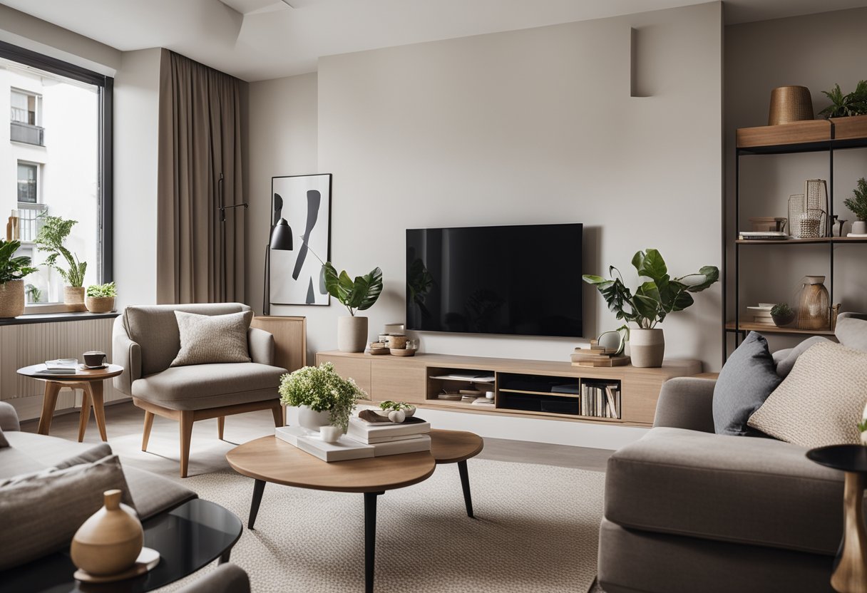 A cozy living room with a neutral color palette, space-saving furniture, and clever storage solutions. A small sofa and a couple of armchairs are arranged around a coffee table, with a wall-mounted TV and shelves displaying decorative items