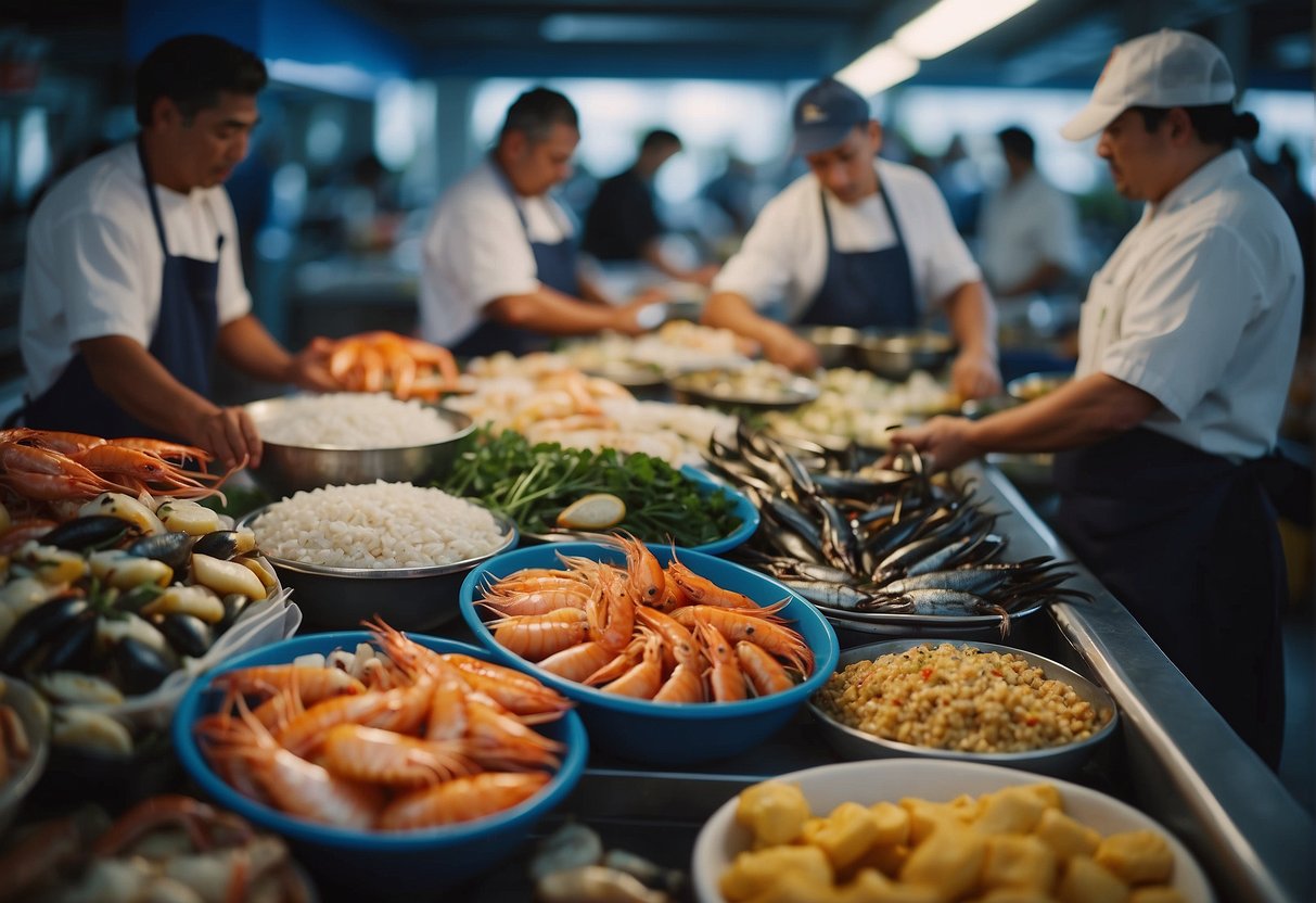 A bustling seafood market with colorful displays of fresh fish, shrimp, and crabs. Customers eagerly select their favorite seafood while chefs expertly prepare dishes in the background