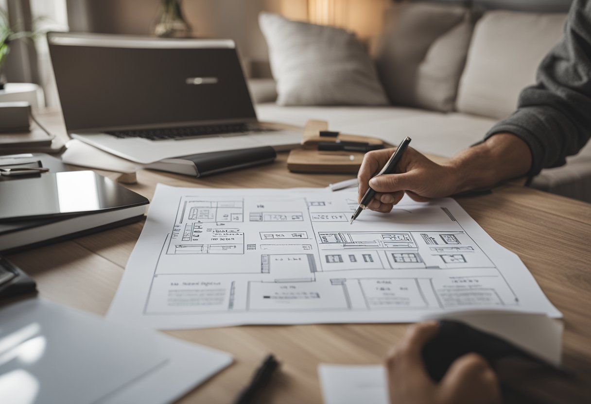 A designer sketching a custom bedroom with a FAQ sign nearby