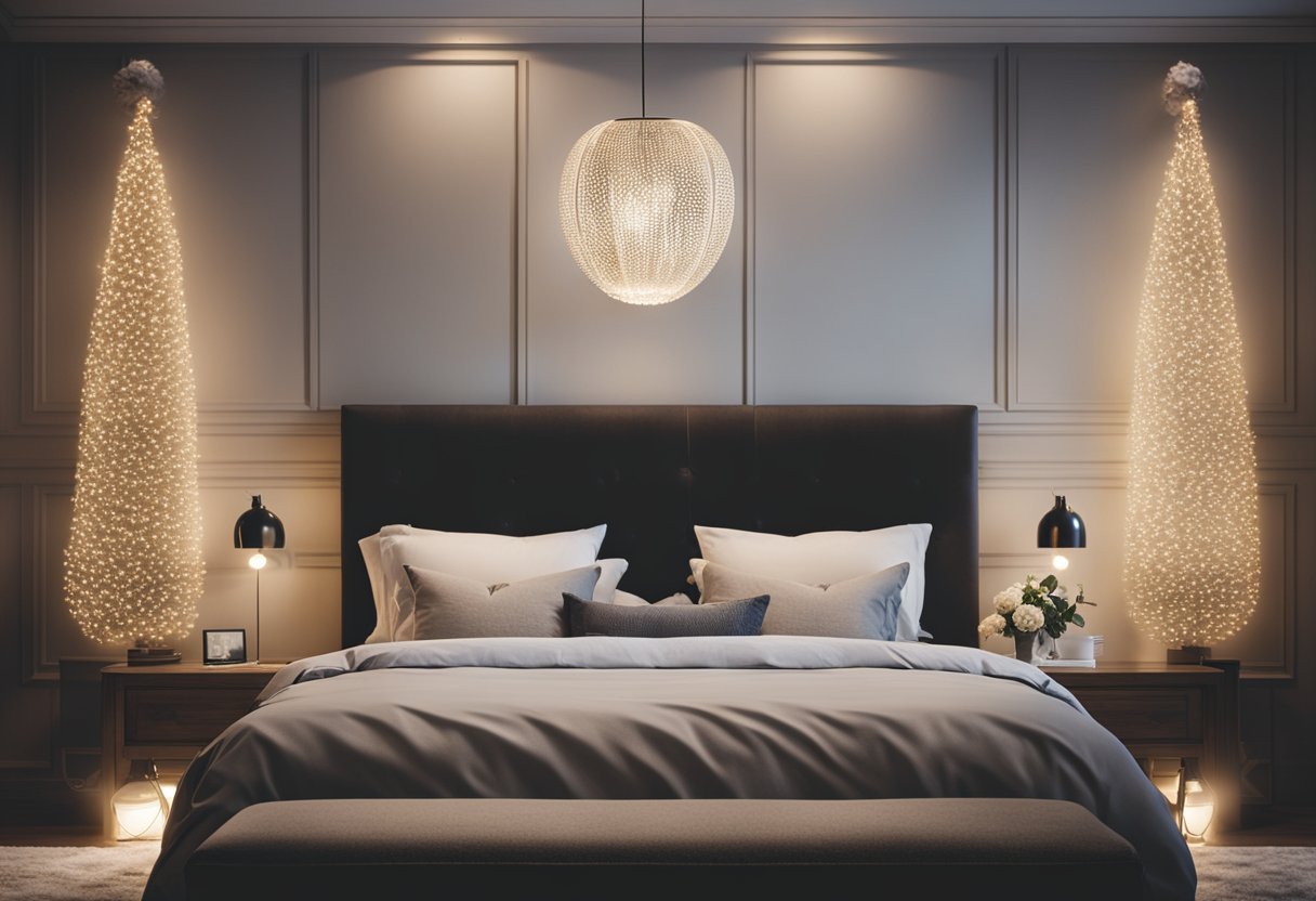 A bedroom with pin lights illuminating the headboard and accentuating the decor