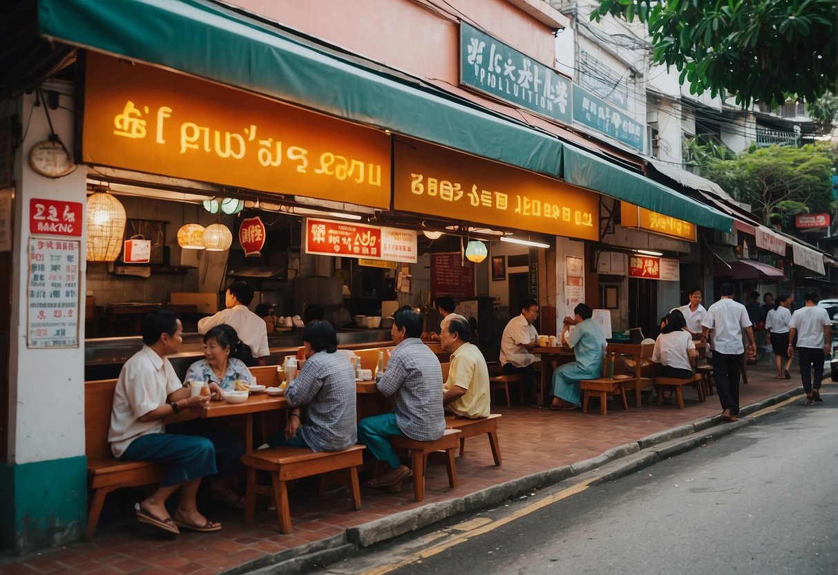 The bustling Thongchai Seafood restaurant is situated on a lively street corner, with colorful signage and outdoor seating