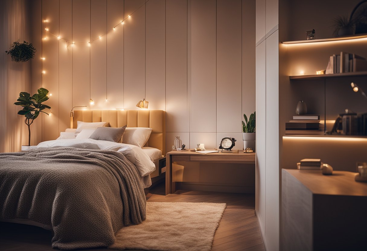 Cozy bedroom with a single bed, nightstand, and small desk. Soft lighting and warm colors create a relaxing atmosphere