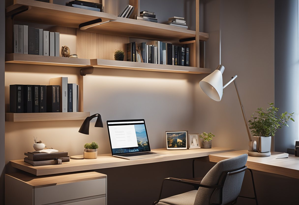 A modern study table in a cozy bedroom, with built-in shelves, a sleek lamp, and a comfortable chair for an enhanced study experience